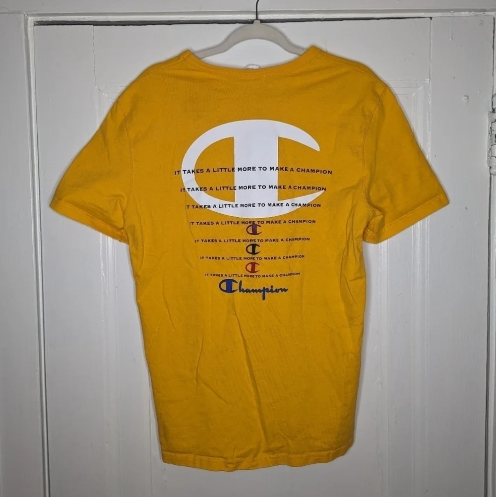 Champion Shirt Mens Medium Yellow Spellout Script Logo Gym Cotton Casual - Picture 4 of 6